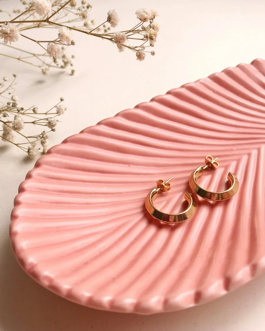 Aros de oro sobre un plato rosa